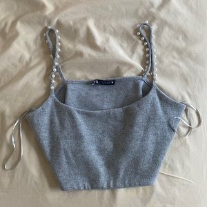 Super cute velvet knit crop spaghetti top with pearl accents